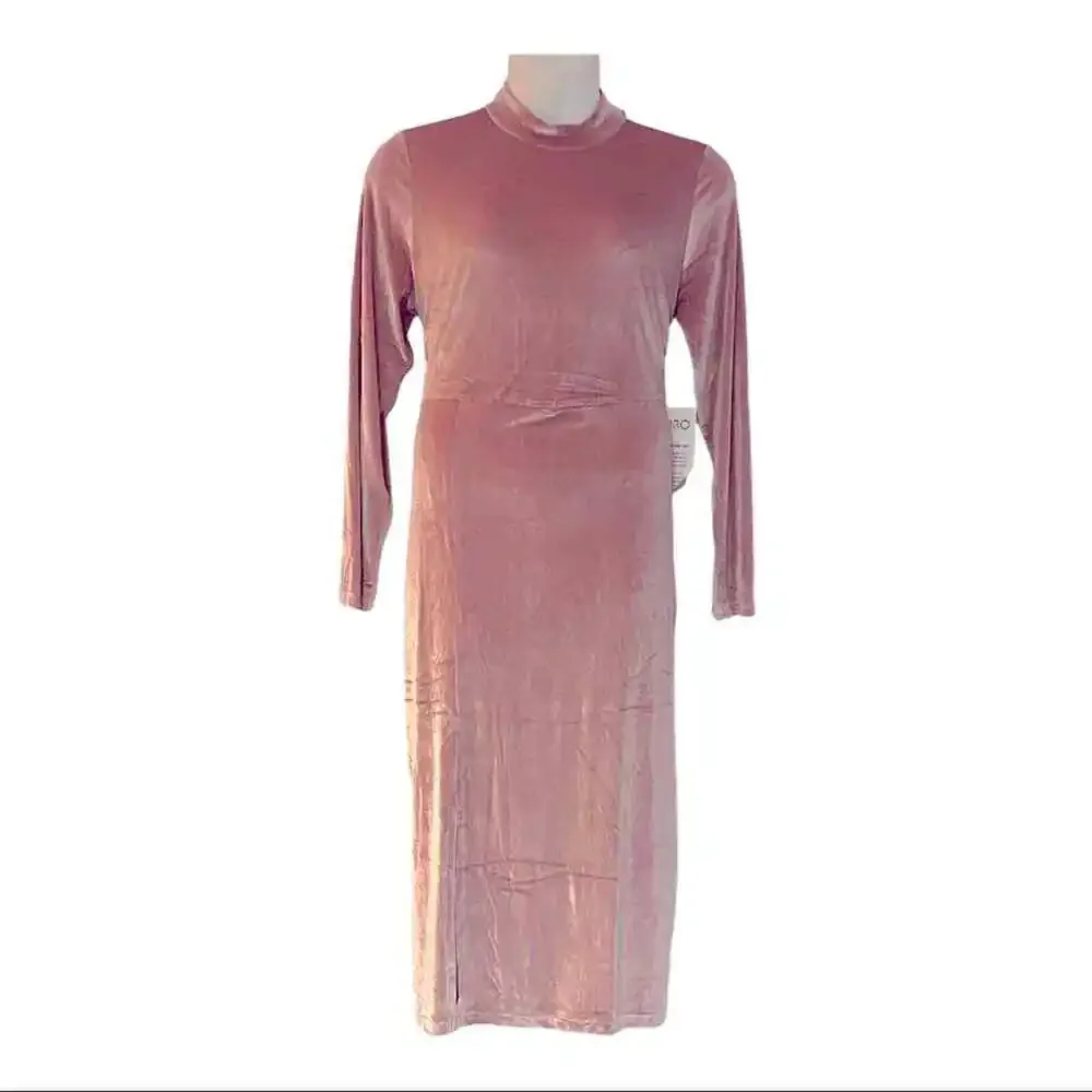 ASHRO Velour Stretchy Midi Blush Pink Dress Mock Neck Office Dinner Party Guest - Picture 3 of 10